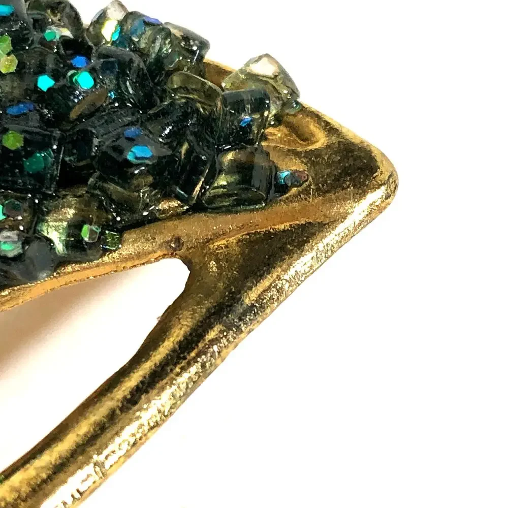 Green Glass Glitter Brooch Gold Tone Large Statement Vintage Retro Sparkle